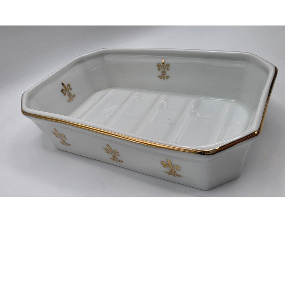 Sevres French Style Japan Porcelain Soap Dish White Gold Fleur De Lis 2797